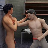 Darksome hair homosexual engulfing thick pecker of his ally in locker room.
