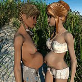 2 legal age teenager preggy angels are caressing every other on the beach.